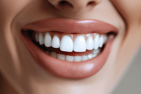 female smiling mouth with healthy white smile with whitening teeth close-upの素材
