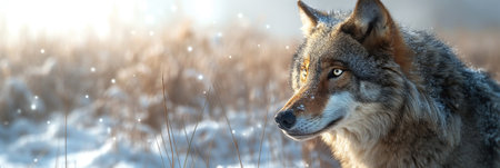 portrait of the gray wolf canis lupus in winter in field with snow close-upの素材