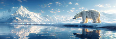 panoramic landscape with polar bear in Arctic ice near ocean water in winterの素材