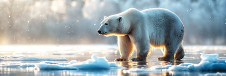 wild white polar bear in Arctic ice near ocean water in winter on sunny dayの素材