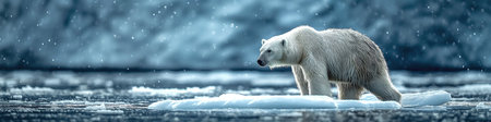 white polar bear in Arctic ice near ocean water in winter on cold dayの素材