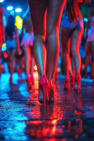 female legs of a crowd prostitute in miniskirts and high heels at night on streetの素材