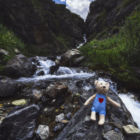 toy teddy bear traveler rests at waterfall in mountain river in a gorge in the Aksu-Jabagly Nature...