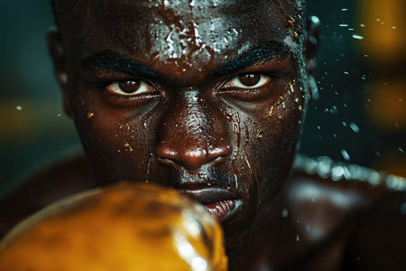 portrait of a black male professional boxer in gloves in boxing ring close-upの素材