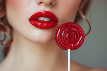 lollipop on a stick on background of a female face with lips with red lipstickの素材
