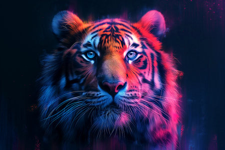 colorful head of a bright multicolored tiger on black isolated background. Drawing for a colored tattoo with an animalの素材