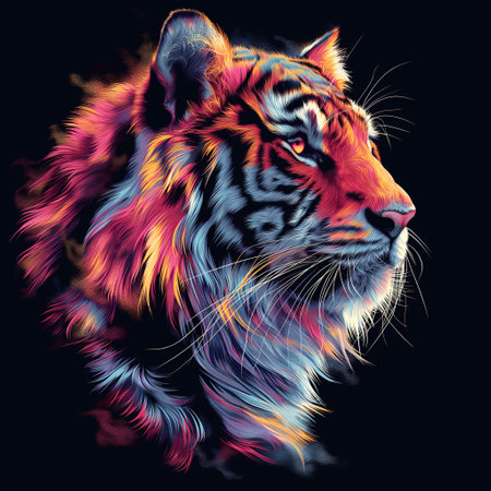 colorful head of tiger on black isolated background. Drawing for a colored tattoo with an animalの素材
