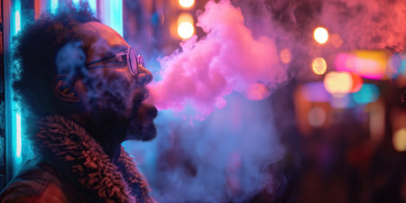 black male smoker exhaling cigarette smoke in a smoky atmosphere with neon lights on night streetの素材
