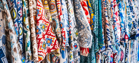 Traditional Uzbek dresses with a bright colored pattern at oriental bazaar in Uzbekistan in Tashkent...