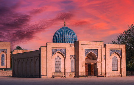 ancient Islamic madrasah Muyi Muborak museum library in Tashkent in Uzbekistan. Architectural...