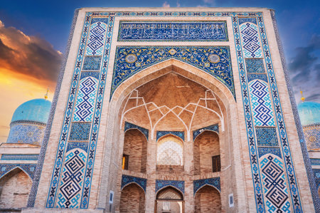 entrance portal decorated ceramic tiles with uzbek ornament islamic pattern of Muslim Barakhan madrasah. Hazrati Imam Architectural Complex in Tashkent, Uzbekistanの写真素材