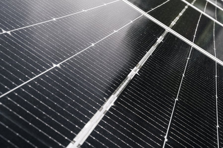 cells of modern black solar panel close up. Green renewable energyの写真素材
