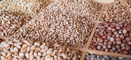 assortment of different nuts on counter at the oriental bazaar. Almonds, pistachios, hazelnuts and...