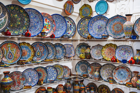 arabic Uzbek handmade ceramic plates and vases with hand-painted traditional ethnic colorful...