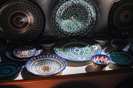 asian Uzbek handmade ceramic plates and bowl with hand-painted traditional patterns in pottery workshop in Uzbekistanの写真素材