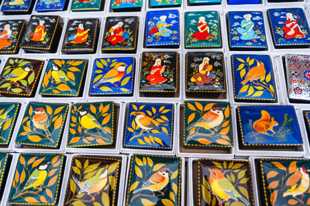 colorful handmade wooden Uzbek caskets hand-painted in souvenir shop in Uzbekistan in Tashkent