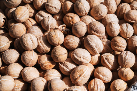 background with a lot of unpeeled walnuts in shells on market counter close-upの写真素材