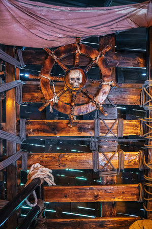 interior inside the wooden captain cabin on medieval pirate shipの写真素材
