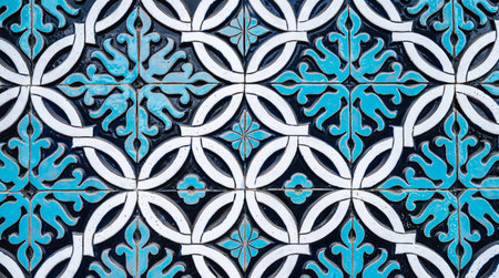 tile mosaic with traditional oriental Arabic Uzbek pattern decorated with blue and white floral ornamentの写真素材