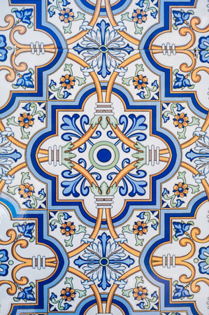 ceramic tile with a traditional ornament with asian pattern. Wall of white mosque in