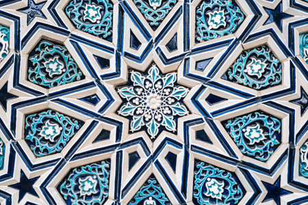tile Uzbek mosaic with oriental Arabic Islamic pattern decorated with blue and white floral ornament...