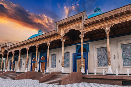 facade of the Museum of Victims of Political Repression decorated wooden carved columns and oriental Uzbek mosaics in Tashkentの写真素材