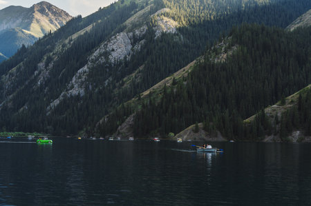 landscape with Lake Kolsay in Tien Shan mountains in Kazakhstan in summerの写真素材
