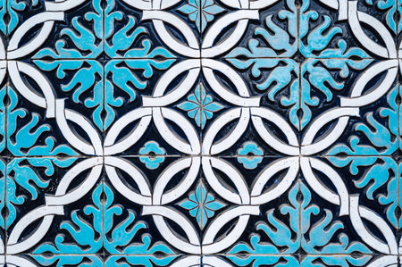 tile mosaic with oriental Arabic Uzbek pattern decorated with blue and white floral ornament
