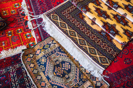 oriental asian Uzbek carpets at bazaar in Uzbekistan in Samarkandの写真素材