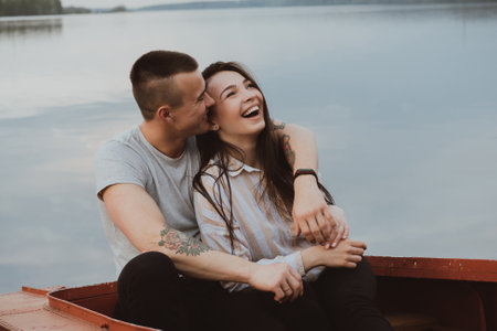 loving happy couple hugging and laughing. Boyfriend and girlfriendの写真素材