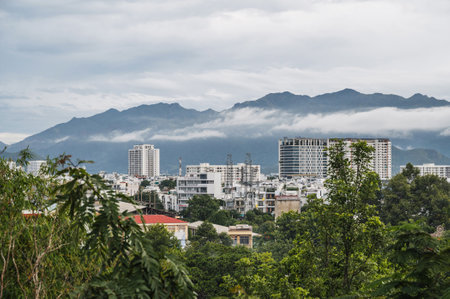 Panoramic view of Nha Trang city from above on cloudy day in summer. Nha Trang, Vietnam - July 18, 2024のeditorial素材