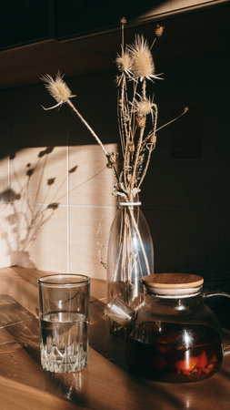A glass in the shade is a hot drink with a glass teapot of strong tea on a wooden table under sunlightの写真素材