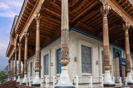 Museum of Victims of Political Repression decorated with wooden uzbek carved columns in Tashkent in Uzbekistanの写真素材