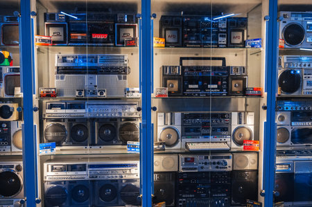 collection of various classic Japanese cassette recorders, portable boomboxes and film tape audio...