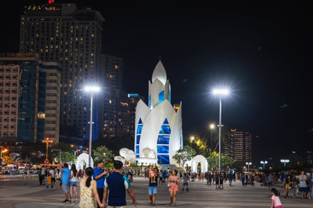 Lotus Thap Tram Huong Tower on the central square in Nha Trang at night. Nha Trang, Vietnam - July 24, 2024のeditorial素材