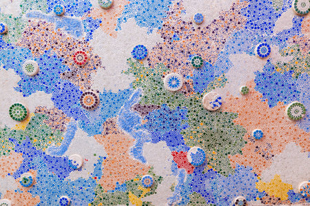 The walls are decorated with colorful tiles and beads.