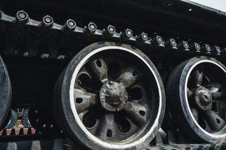 metal caterpillar track of old Soviet military tank in close-upの写真素材