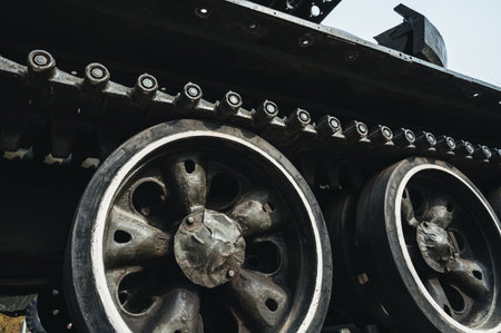 metal old caterpillar track tank of military army metal heavy tank in close-upの写真素材