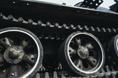 metal caterpillar track of old Soviet military tank in close-upの写真素材