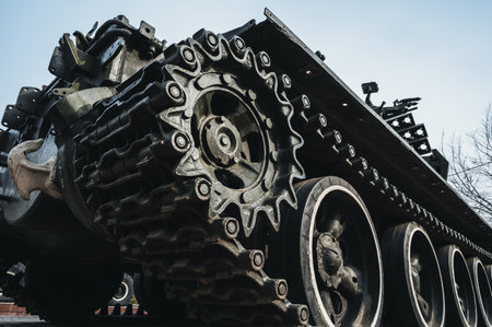metal old caterpillar track tank of military army metal heavy Soviet tank in close-upの写真素材