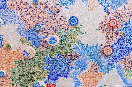 The walls are decorated with colorful tiles and beads.