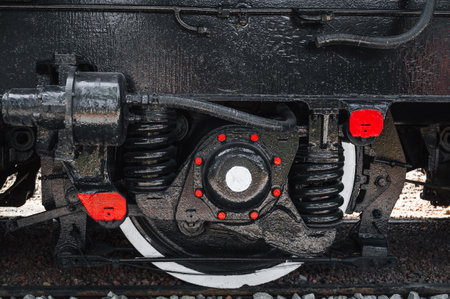 Close up of wheels of restored black vintage steam locomotiveの写真素材