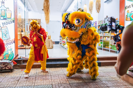 A traditional Vietnamese costumed festive street dragon show at parade in Asia. Nha Trang, Vietnam - September 2, 2024のeditorial素材
