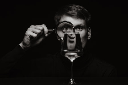 portrait of a man looking through a magnifying glass and a glass of water