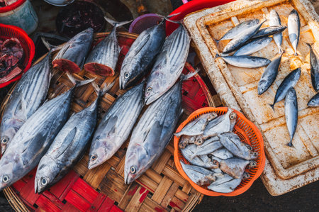 assortment of sea fish on the counter in fish market in Asia in Vietnam