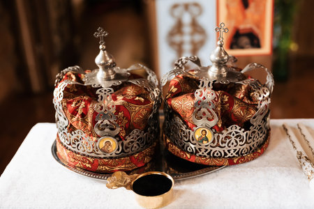 KINESHMA, RUSSIA - JUNE 12, 2020: Crowns for an Orthodox wedding ceremony in churchのeditorial素材