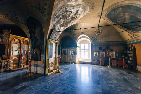 VOZDVIZHENIE VILLAGE, IVANOVO REGION, RUSSIA - MAY 05, 2019: Painted interior in the ancient Church of the exaltation of the Holy cross in Vozdvizhenie village, Russiaのeditorial素材