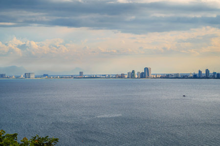 panoramic view of Da Nang city in Vietnam in summer in cloudy weather from above from droneの写真素材