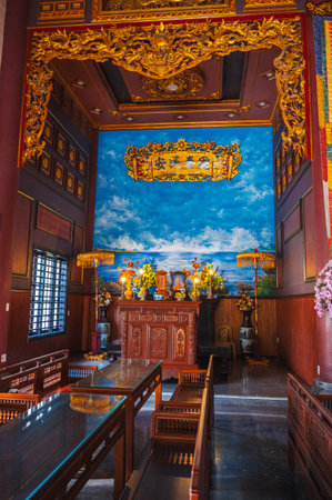 The interior inside a Buddhist temple at Linh Ung Pagoda in Da Nang in Asia. Da Nang, Vietnam - September 12, 2024のeditorial素材