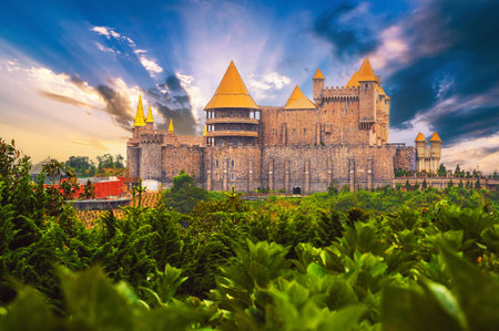 Fairy beautiful medieval castle at sunrise in Ba Na Hills Park in Da Nang in Vietnam in summerの写真素材